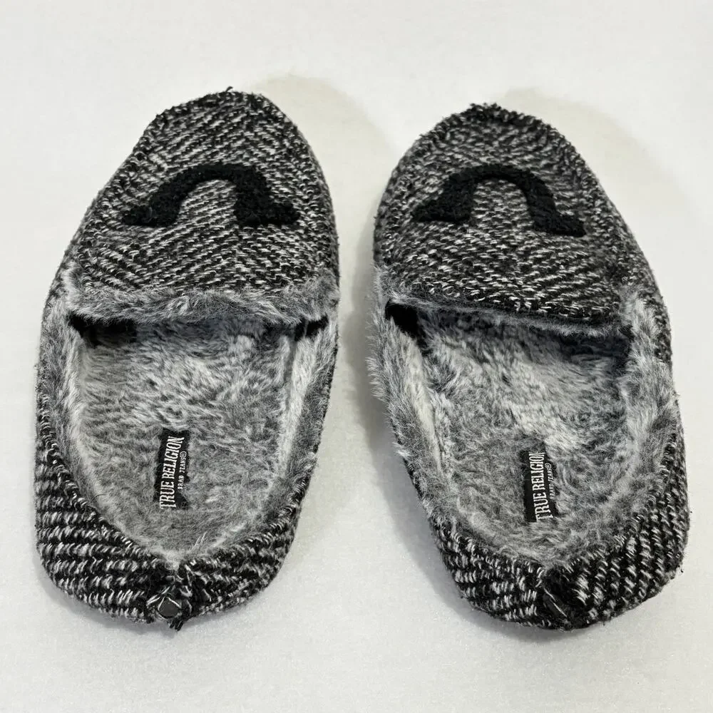 True Religion Mens Large 11-12 Herringbone Gray Faux Fur Lined Slip On Slippers